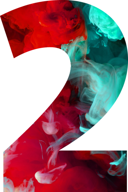 Siffran 2 fylld med röd och turkos rök i rörelse, som illustrerar första steget i "7 steg till ett starkare varumärke".