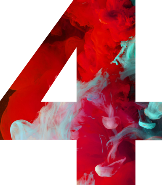 Siffran 4 fylld med turkos och röd rök i rörelse, som illustrerar första steget i "7 steg till ett starkare varumärke".