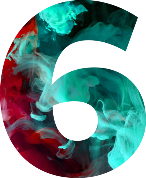 Siffran 6 med turkos och röd rök i rörelse, som illustrerar första steget i "7 steg till ett starkare varumärke".