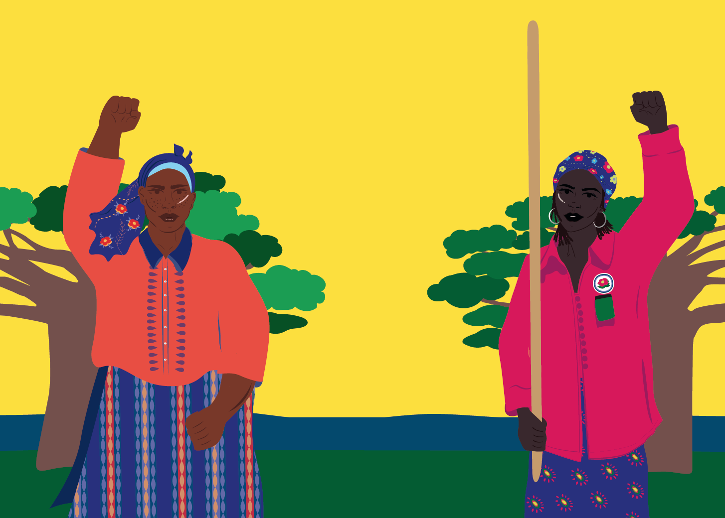 Illustration med två afrikanska kvinnor som höjer var sin knuten hand till kamp.